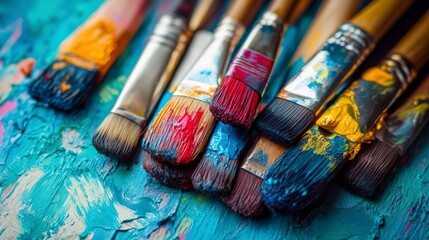 Fototapeta premium Colorful Paintbrushes On Textured Blue Canvas Backgrounds Description