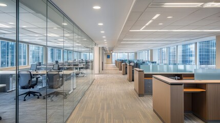 Sleek and efficient office with glass partitions, geometric desks, and neutral color tones