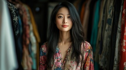 Beautiful woman surrounded by colorful patterned clothes.