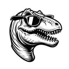 Naklejka premium Cool Dinosaur Tyrannosaurus Rex Head with Sunglasses in Black and White Vector Graphics