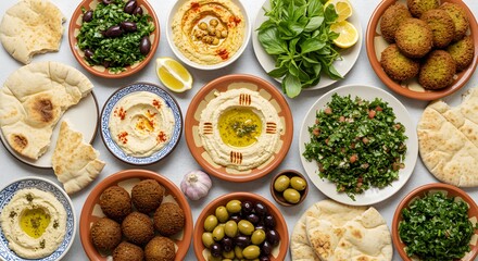 Delicious mediterranean food platter with hummus falafel and pita bread top meal herb view vegan