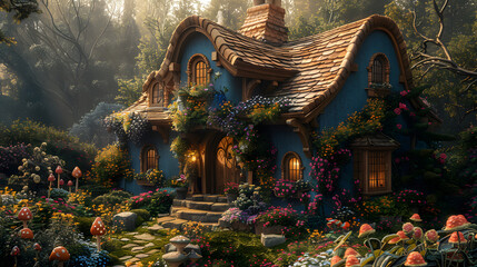 Obraz premium Enchanting cottage surrounded by vibrant flowers and mushrooms in a serene forest setting