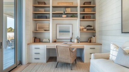 Fototapeta premium Small home office with efficient storage, light wood desk, and neutral walls
