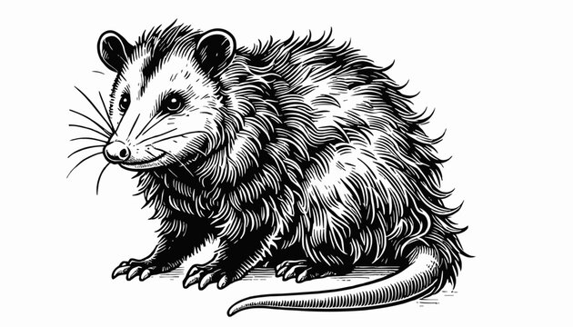 black and white opossum sitting, detailed clip art preview