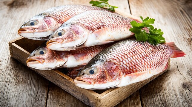 Fresh Red Snapper for Wooden Crate, Rustic Table. - Powered by Adobe