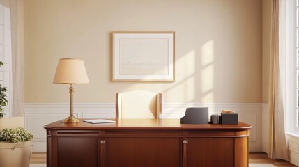 Timeless vintage office design with classic wooden desk, warm lighting, and soft neutral decor