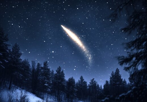 Bright comet streaks across a starlit night sky above a snowy forest.