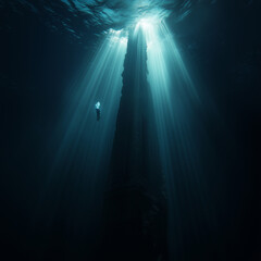 Obraz premium Deep sea diver illuminated by sun rays from the ocean surface, mysterious underwater exploration, serene aquatic scenery, deep blue abyss 