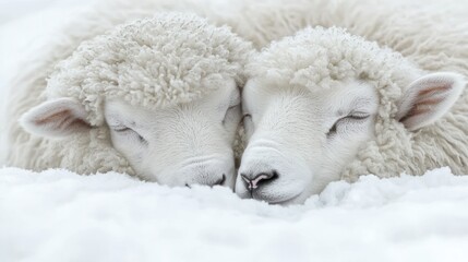 Naklejka premium Two fluffy white sheep cuddle closely together on a snowy background