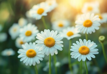 Fototapeta premium Sunlit daisies in a field, showcasing vibrant yellow centers and white petals against a soft-focus background.