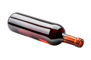 Lying dark wine bottle, alcoholic drink on black background, cut out transparent