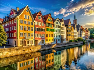 Obraz premium Am Bach Architectural Photography AI Image, Riverfront Building, German Architecture, Exterior Shots