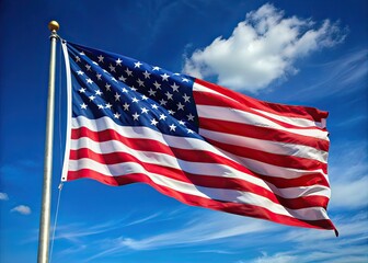 Fototapeta premium American Flag Waving in Wind, Blue Sky, Patriotic Photography, High Resolution