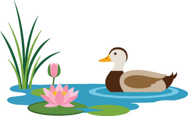 Obraz premium A serene duck swimming peacefully among vibrant water lilies and lush green reeds in a flat vector illustration