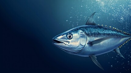 Swimming Tuna Fish in Deep Blue Sea with Air Bubbles Illustration