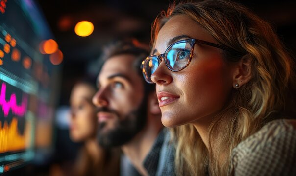 Three people watch a computer screen with data displayed