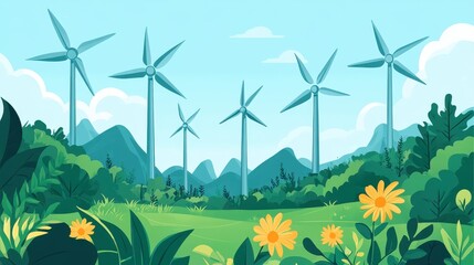 Industrial wind turbines on a power generation field, capturing renewable energy under a clear blue sky.