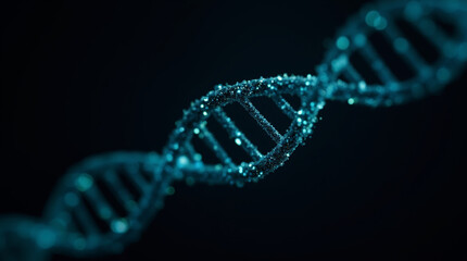Stylized DNA Helix on a Black Background with Glowing Effects "Create a stylized digital image of a DNA helix on a black background, with glowing neon blue and green effects, conveying 