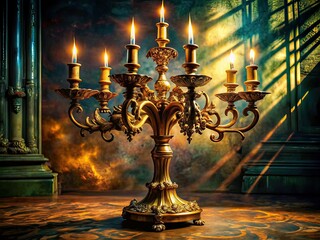 Baroque Candlestick Surreal Photography, Elegant Antique, Gilded, Light, Shadow