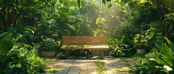 Serene garden scene with a wooden bench surrounded by lush greenery and soft sunlight filtering through