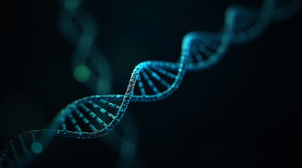 Stylized DNA Helix on a Black Background with Glowing Effects "Create a stylized digital image of a DNA helix on a black background, with glowing neon blue and green effects, conveying 