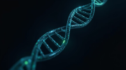 Stylized DNA Helix on a Black Background with Glowing Effects "Create a stylized digital image of a DNA helix on a black background, with glowing neon blue and green effects, conveying 