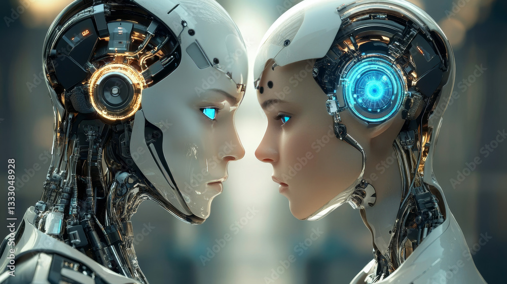 Poster artificial intelligence development. cyborg manufacturing, robotics future and bionic robot. futuris