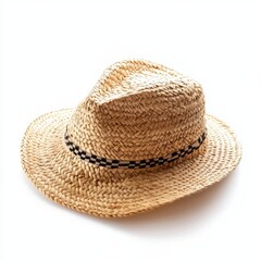 A detailed view of a straw hat featuring a stylish black band.