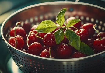 Fresh cherries glistening in a metal colander with a basil garnish, evoking a sense of summer freshness and vibrant taste.