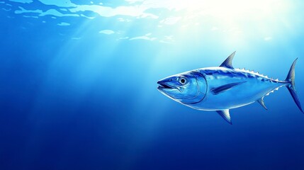 Obraz premium Tuna Fish Swimming in the Blue Ocean with Sunlight Streaming Through