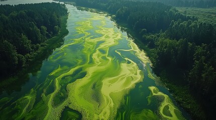 Vibrant green algae bloom blankets river surrounded by lush forest scenery