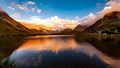 Scenic Mountain Lake Reflecting Sunrise with Dramatic Clouds and Mountain Peaks