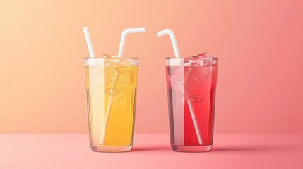 Comparison of regular soft drinks with sugar in colorful beverage setting for health awareness