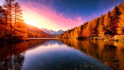 Fototapeta premium Lake Reflection with Autumn Trees and Mountain Landscape at Sunset