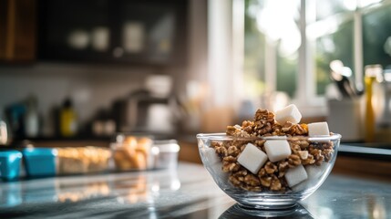 Healthy lifestyle concept with sugar cubes and nuts in a kitchen setting
