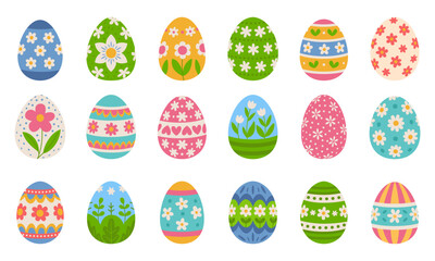 Easter eggs set with vintage floral ornaments. Painted eggs with flowers and leaves for Easter decorations. White background.