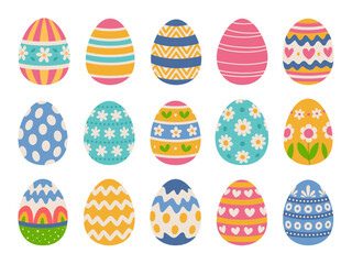 Retro Easter eggs set. Eggs with patterns of flowers, hearts, stripes. White background.