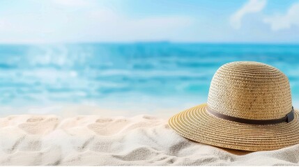 A straw hat rests on soft white sand, perfect for capturing the essence of summer holidays and sunny vacation vibes.