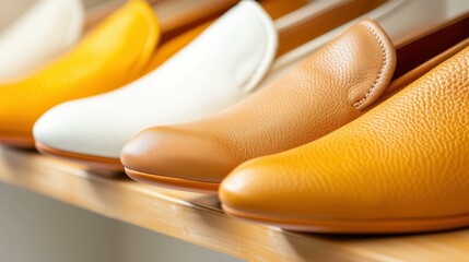 Beautiful womens leather shoes display on a shelf, capturing style and elegance. Soft focus creates a dreamy atmosphere.