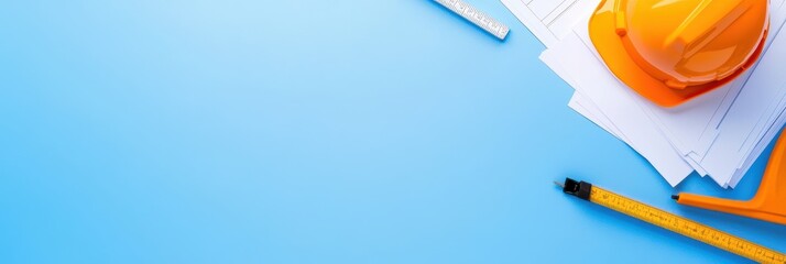 Hard hat, ruler, and pencil arranged on a blue background for construction or design purposes.