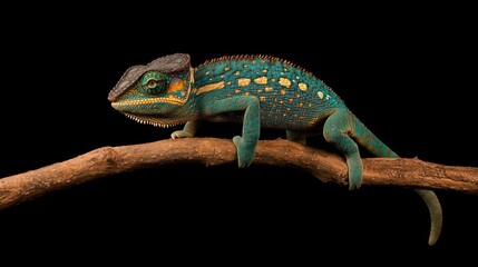 Vibrant Panther Chameleon Perched on a Branch Against a Black Background
