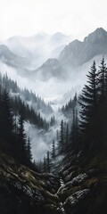 Fototapeta premium Misty mountains embrace evergreen forest solitude.