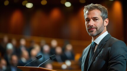 A formally dressed man delivering a speech on a stage