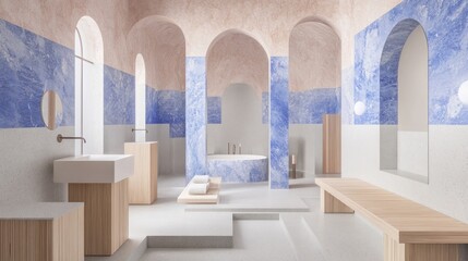Serene spa interior with arched doorways, minimalist design and marble accents