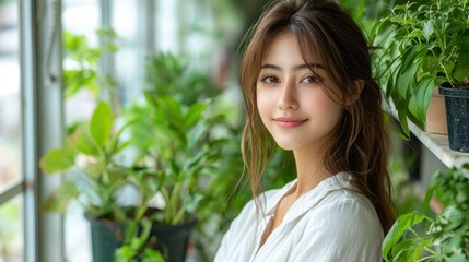 Woman smiling, amidst green houseplants. Natural light floods the airy space