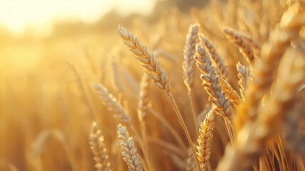 Fototapeta premium Golden Wheat Field at Sunset: Close-Up View of Ripe Stalks