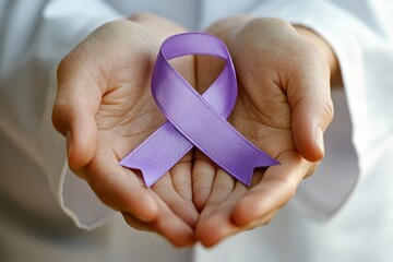 Hands gently hold a purple awareness ribbon symbolizing support and solidarity.