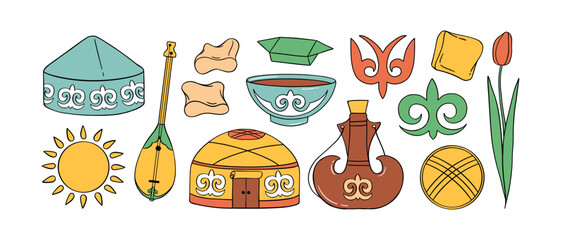 Kazakh national elements, ornaments hand drawn color and line Nauryz set. Spring equinox holiday in Kazakhstan. Banner