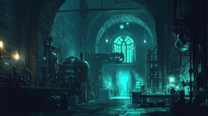 Obraz premium Moody laboratory with glowing machinery and stone arches.