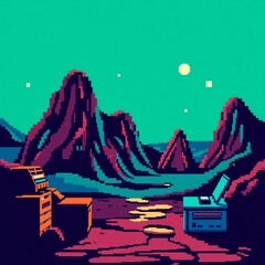 Fototapeta premium High-resolution pixel art image, 1980s aesthetic, bold color palette, centered composition, commercial quality, professional stock photo, no shadows